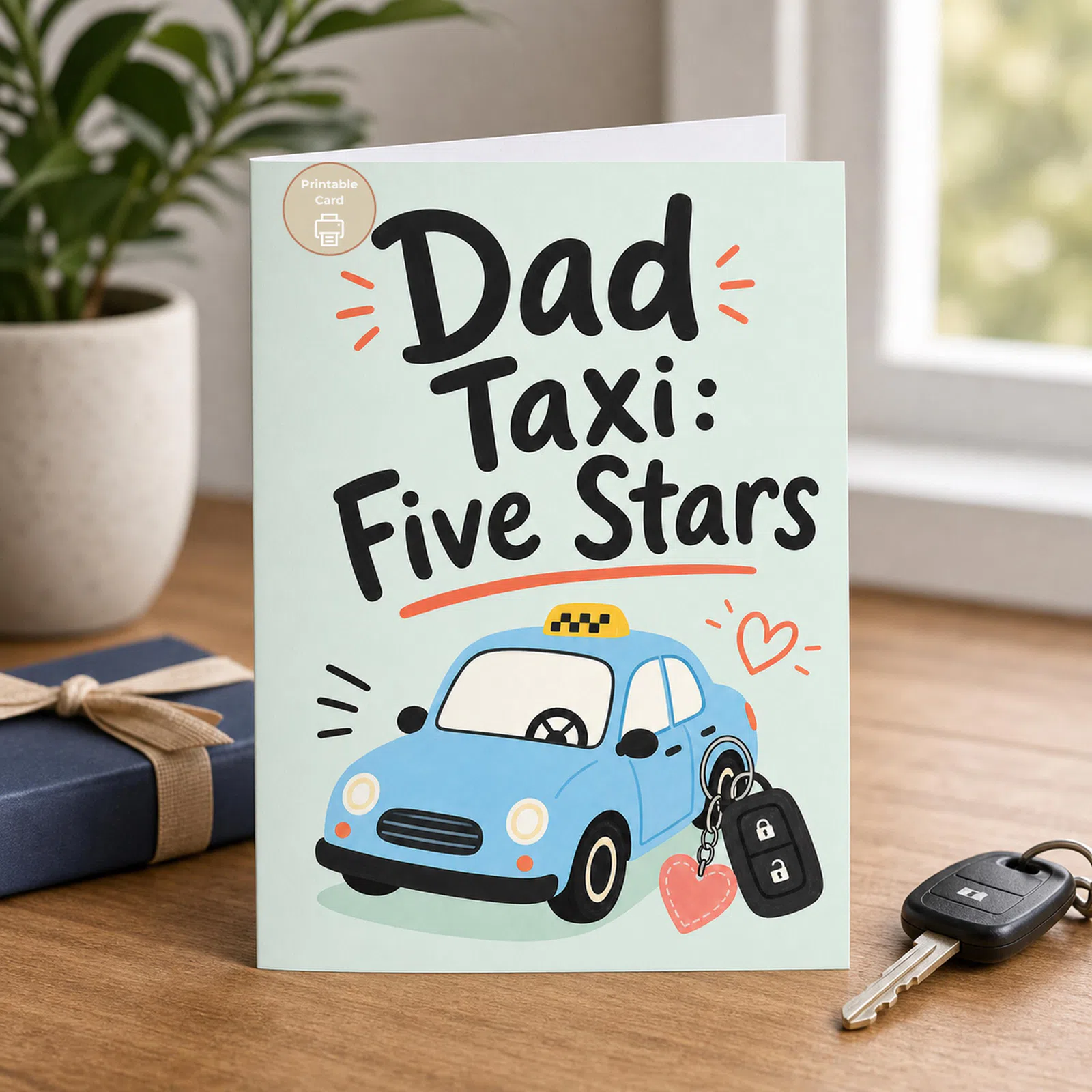 Styled product mockup: For the dad who is always on pickup duty, this playful Dad Taxi card turns every school run, sports drop-off, and late-night lift into a five-star.