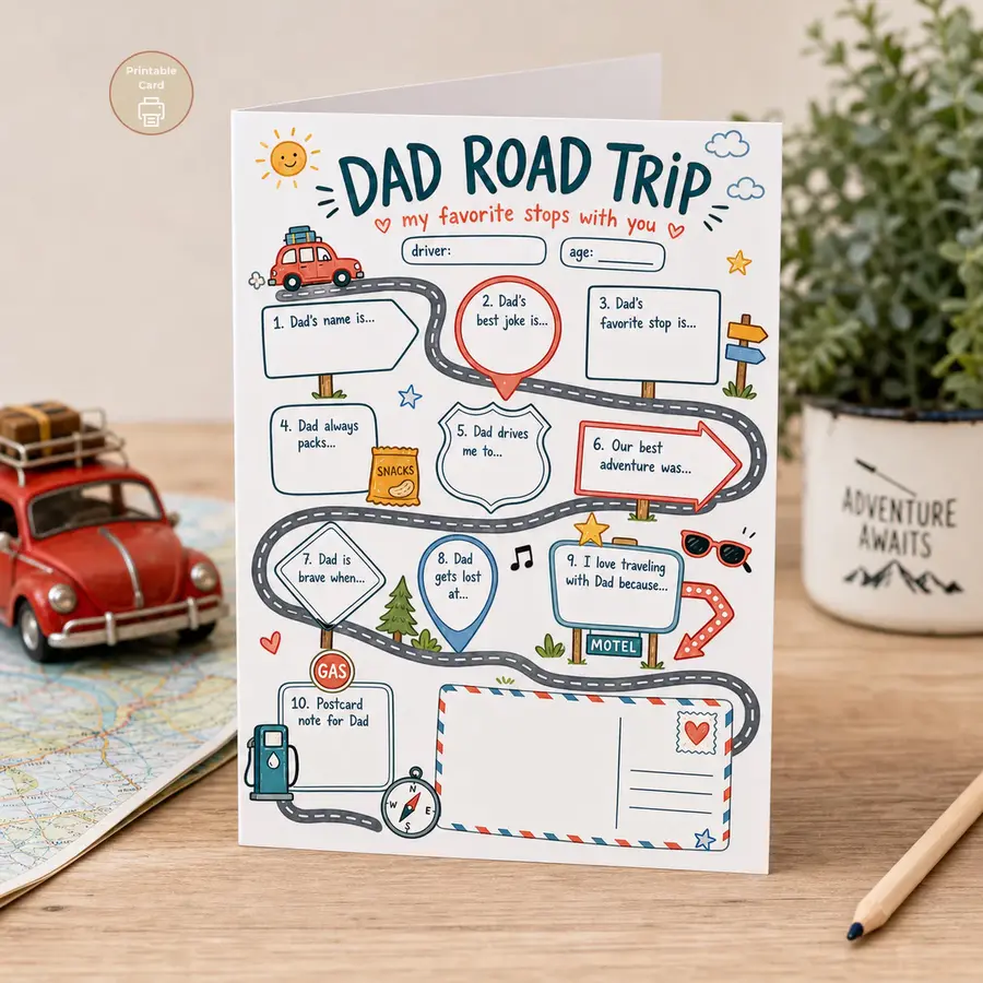 Styled product mockup: A playful Dad Road Trip printable card for kids to fill in with favorite stops, funny memories, and a postcard note for Dad.