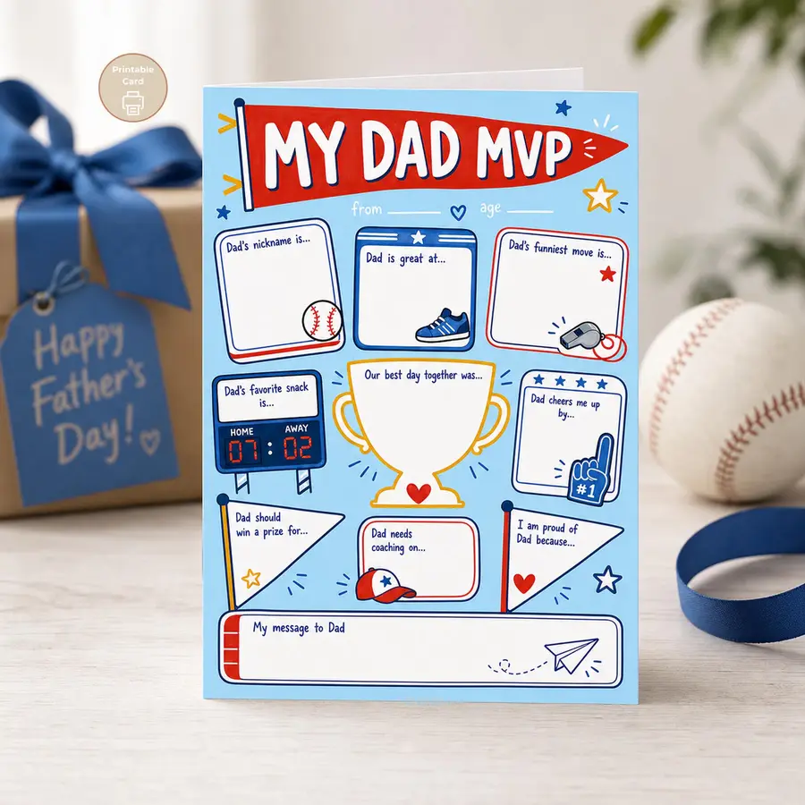 Styled product mockup: A sporty Dad MVP printable card for kids to fill in with funny answers, favorite memories, and a personal message.
