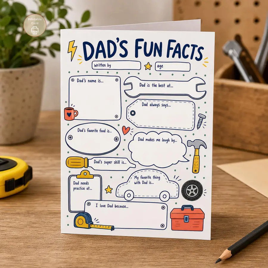 Styled product mockup: A playful Dad's Fun Facts printable card for kids to fill in with funny answers, favorite memories, and a personal note for Dad.