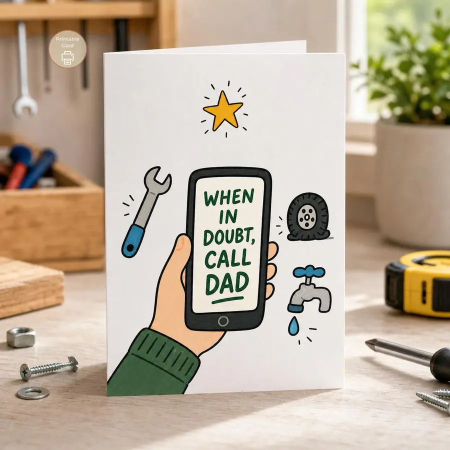 Styled product mockup: A funny Father's Day printable card for the dad everyone calls when something breaks, leaks, or feels uncertain.