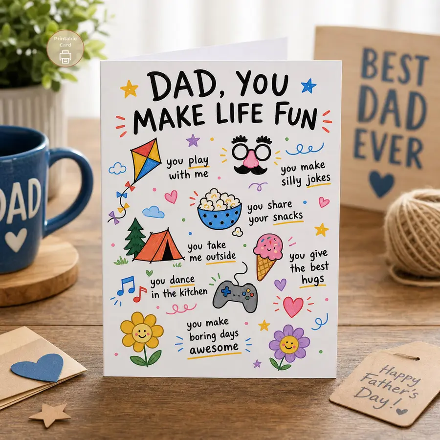 Styled product mockup: Celebrate a fun dad with a playful printable card full of hand-drawn doodles, silly compliments, shared snacks, games, outdoor adventures, and hugs.