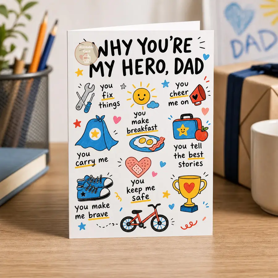 Styled product mockup: A playful Father's Day printable card for the dad who feels like a child's everyday hero.