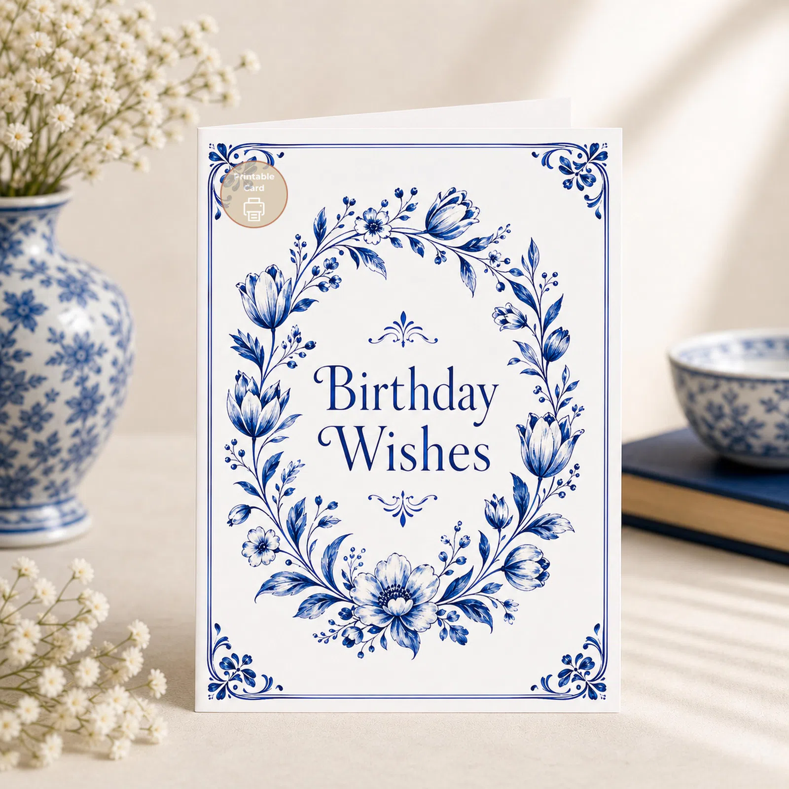 Styled product mockup: A refined birthday card with cobalt blue floral artwork inspired by Delft ceramic detail.