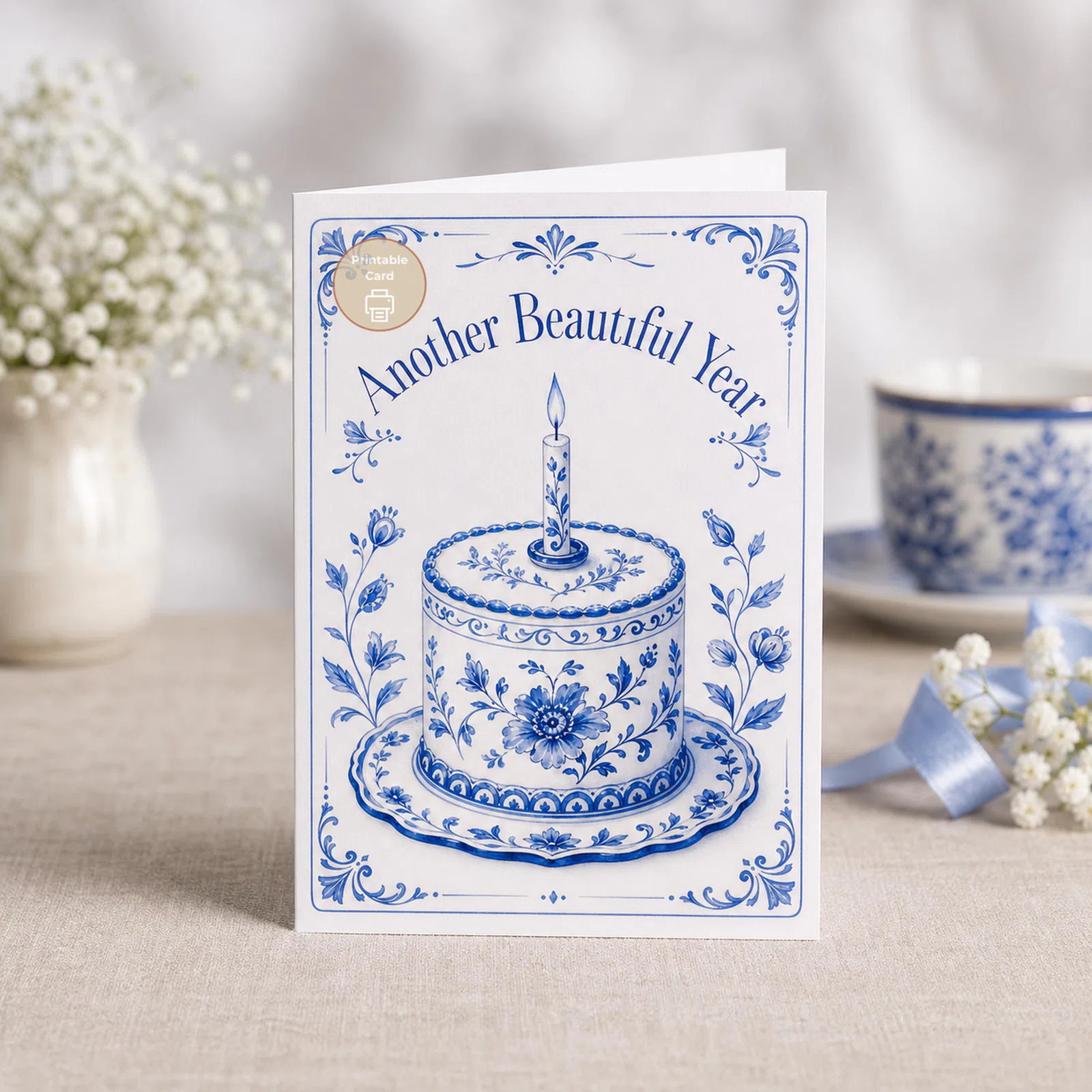 Styled product mockup: A printable birthday card with cobalt blue Delft-inspired ornament, a decorated cake, a single candle, and the message Another Beautiful Year.