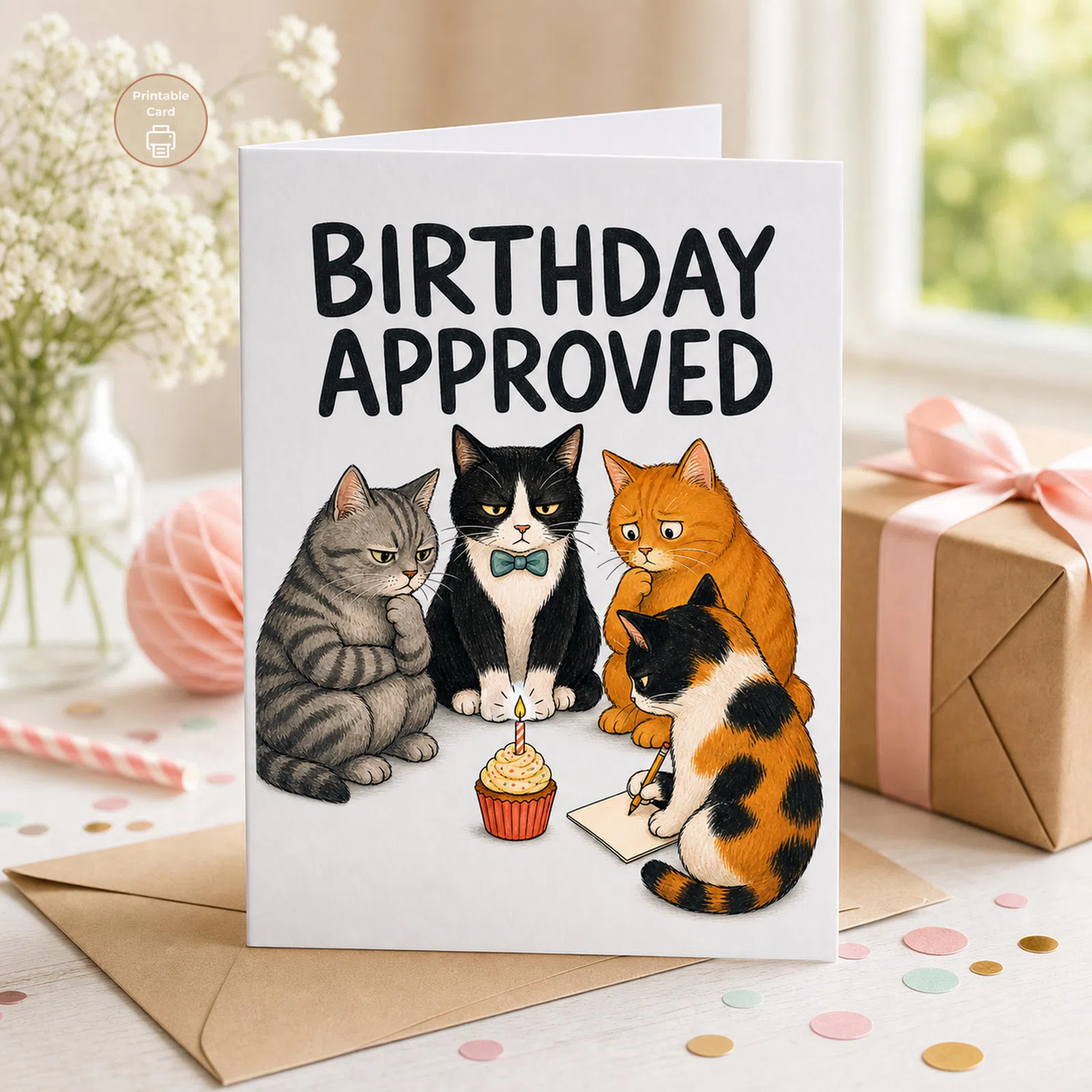 Styled product mockup: A funny printable birthday card for the cat lover who appreciates deadpan approval more than sugary birthday cheer.