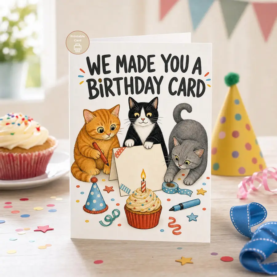 Styled product mockup: A playful printable birthday card for cat lovers, featuring three mischievous cats proudly making their own birthday card.