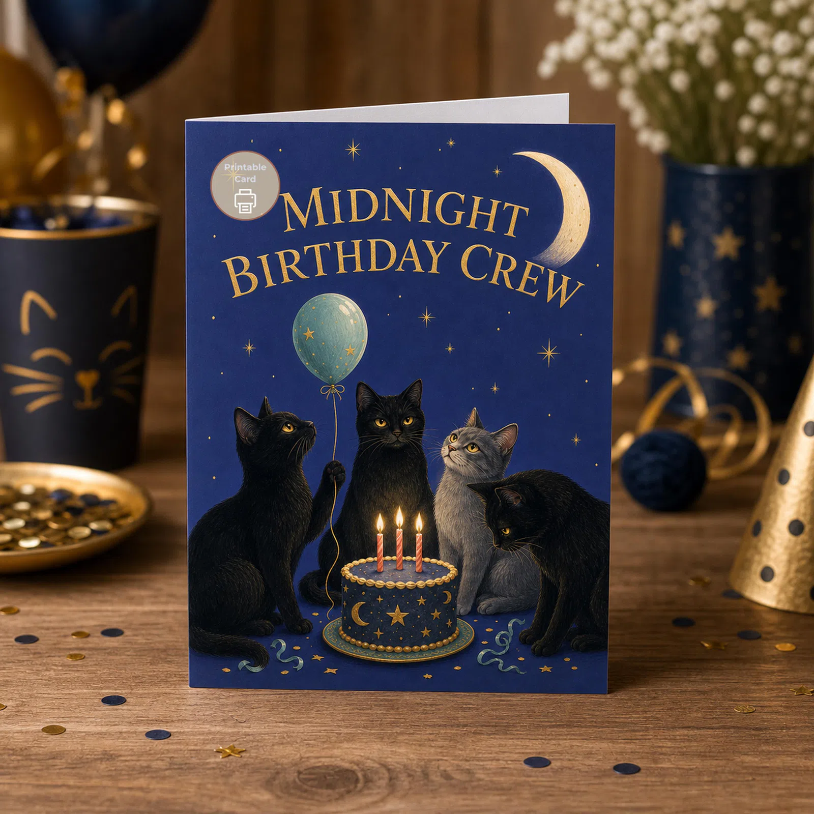 Styled product mockup: A whimsical printable birthday card for cat lovers, night owls, and anyone who deserves a little moonlit birthday magic.