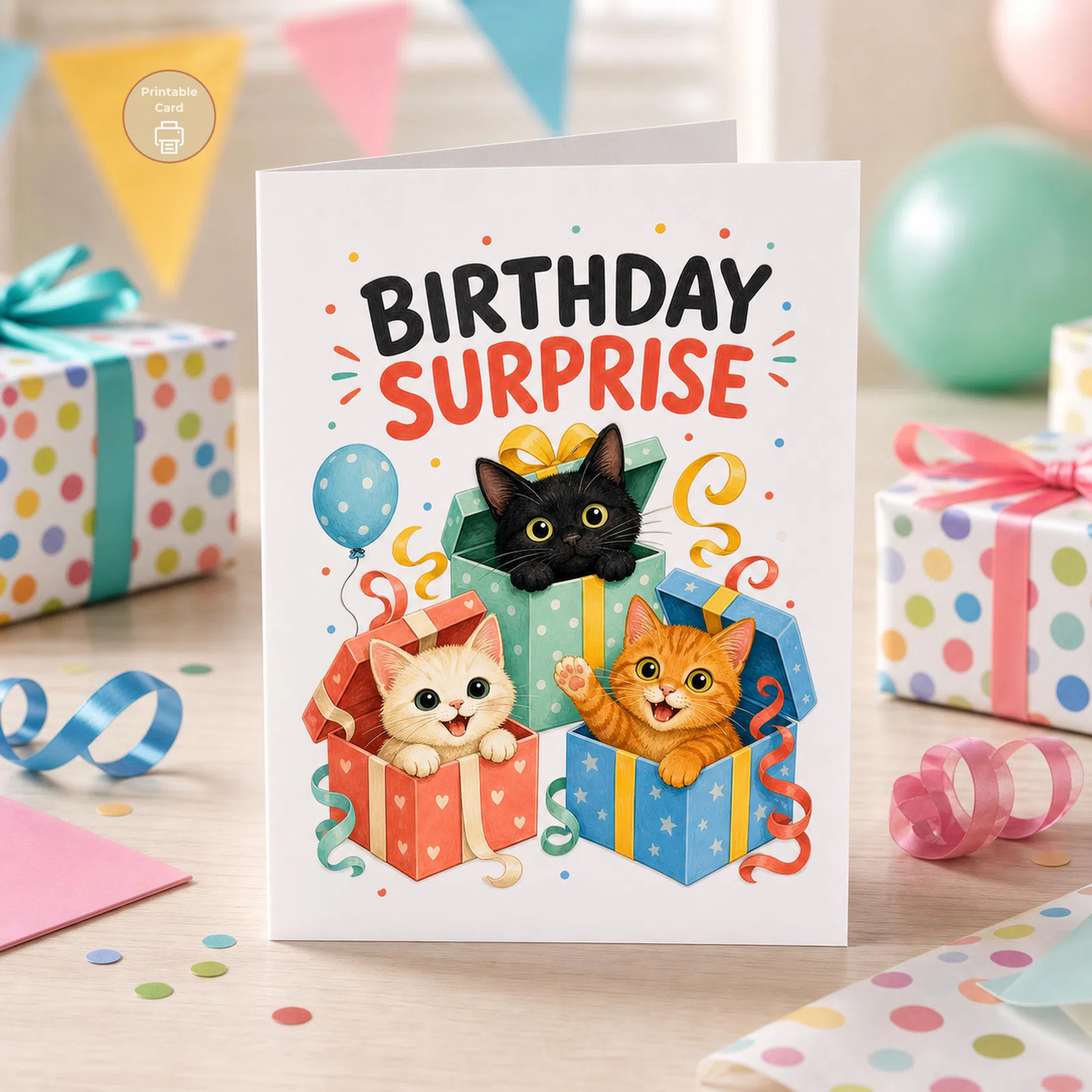 Styled product mockup: A cheerful printable birthday card for cat lovers, kids, and anyone who enjoys a sweet surprise.