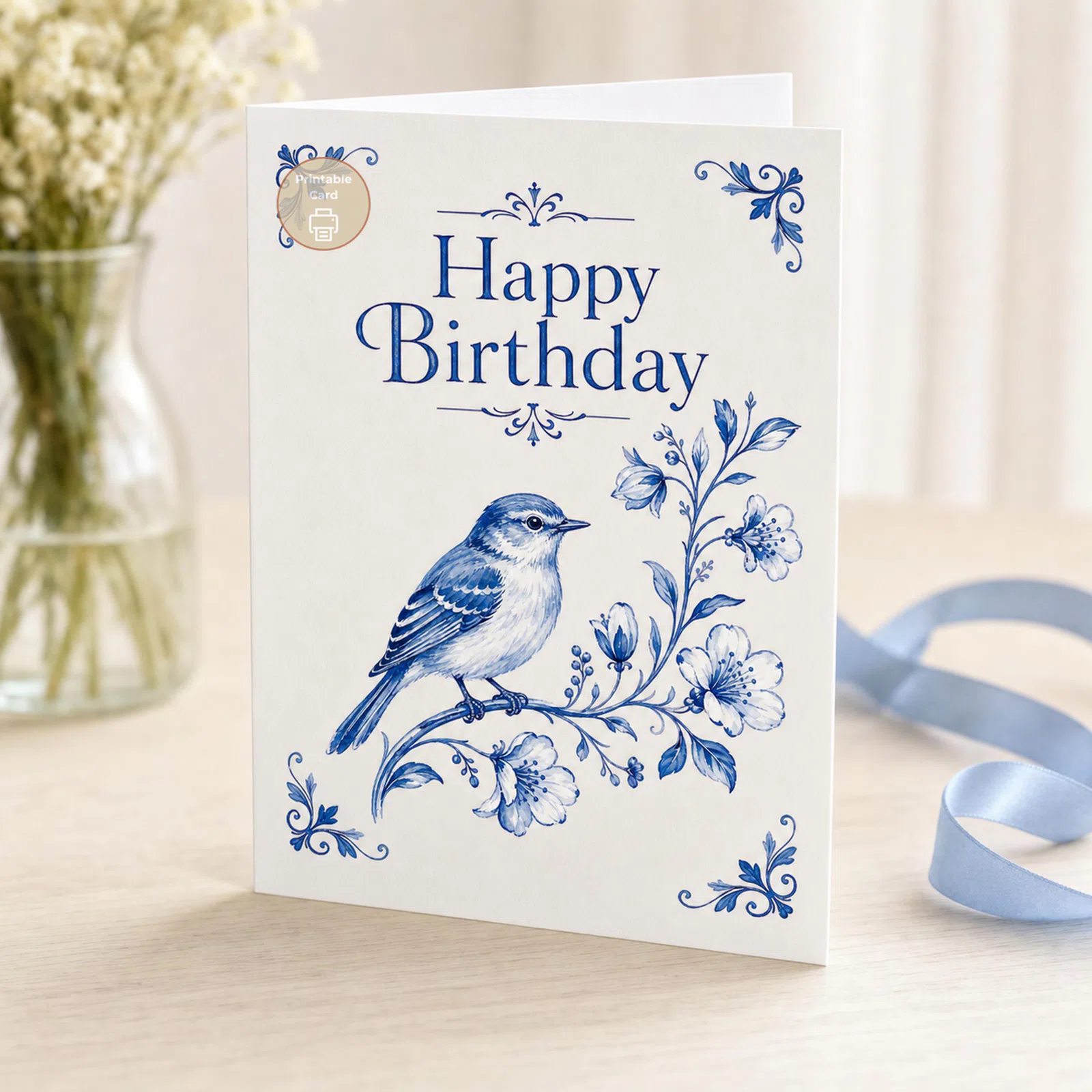 Styled product mockup: A printable birthday card with elegant blue Delft-style artwork, a delicate bird on a flowering branch, ornate corner details, and graceful Happy Birthday.