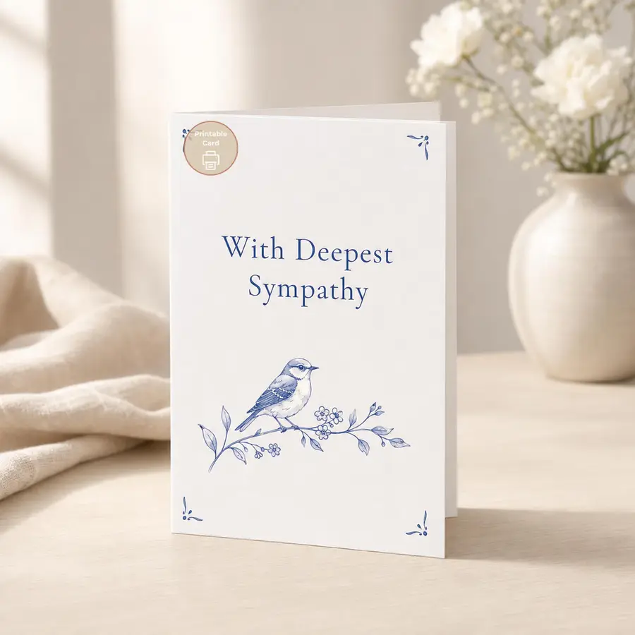 Styled product mockup: A gentle printable sympathy card with deep blue lettering, a quiet bird illustration, and delicate botanical details.