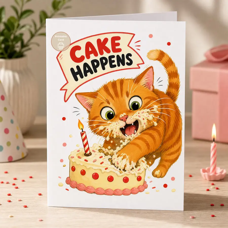 Styled product mockup: A mischievous orange cat dives face-first into a frosted birthday cake under the cheeky message Cake Happens.