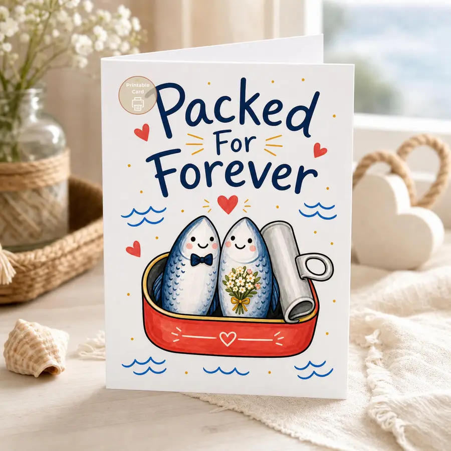 Styled product mockup: A playful printable love card with two sweet sardines tucked together in a red tin under the words "Packed For Forever.