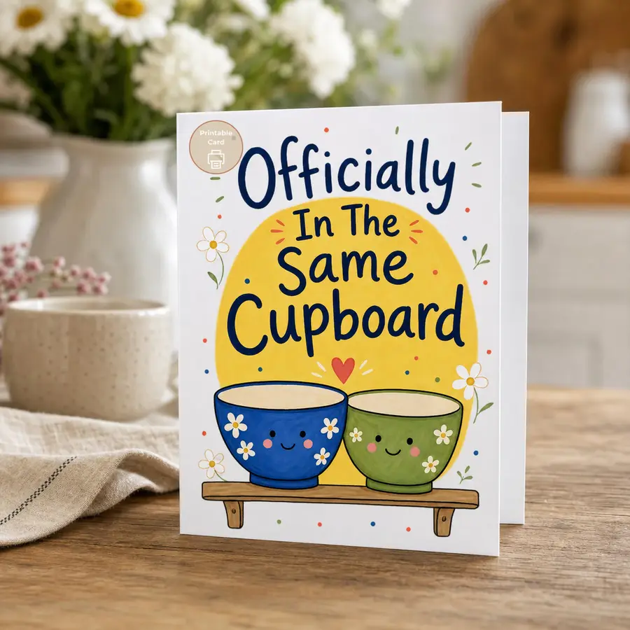 Styled product mockup: A cheerful printable card for couples who are moving in together, getting engaged, or celebrating a sweet new home milestone.