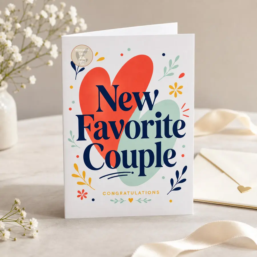 Styled product mockup: A cheerful printable congratulations card for celebrating a newly engaged, married, or just-official favorite couple.