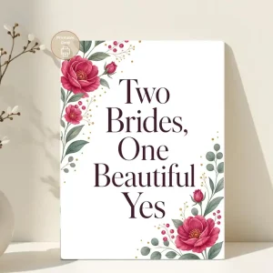 Styled product mockup: A romantic printable wedding card for celebrating two brides and their beautiful yes.