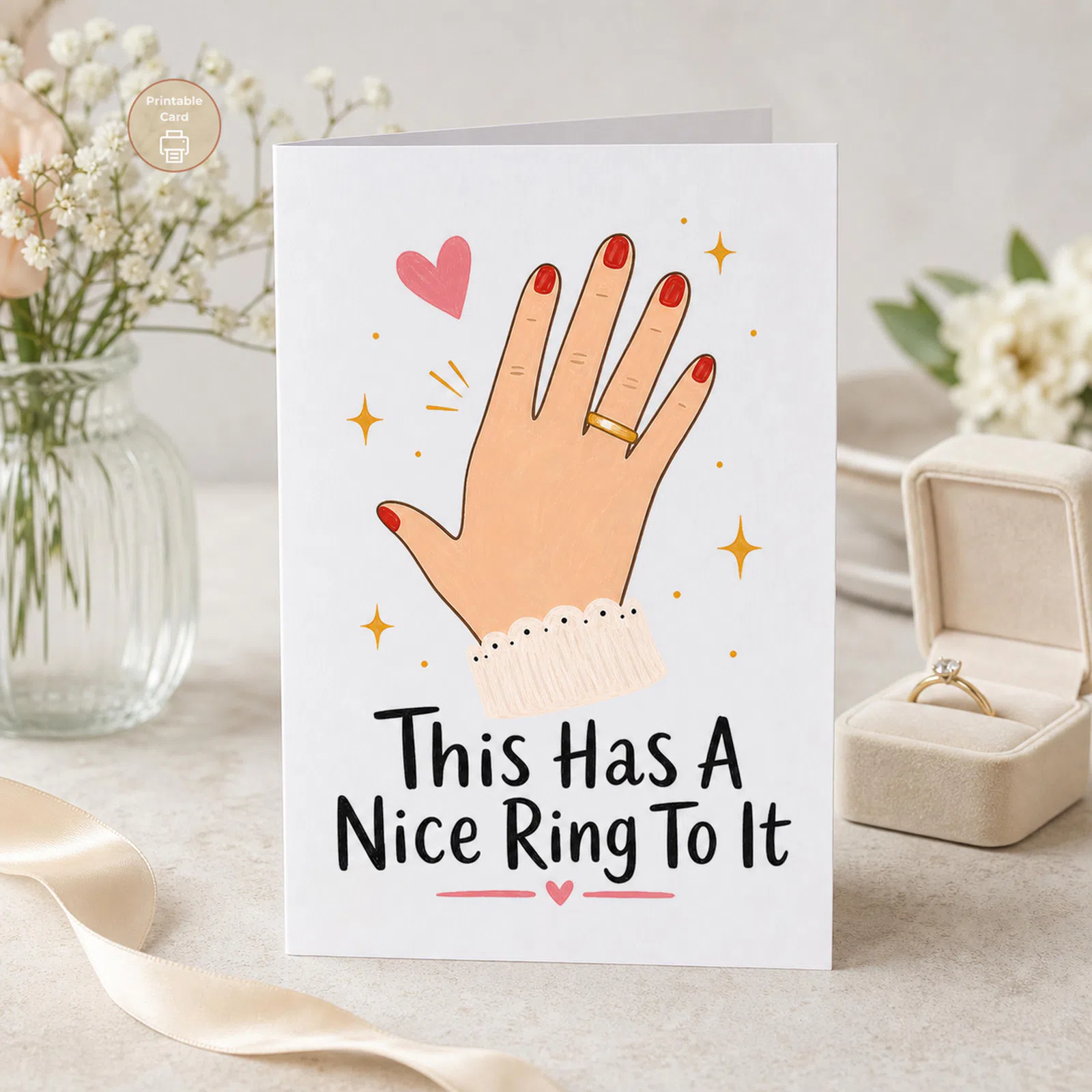 Styled product mockup: A playful printable engagement card with a hand-drawn ring illustration, red nails, sparkle details, and the phrase "This Has A Nice Ring To It.