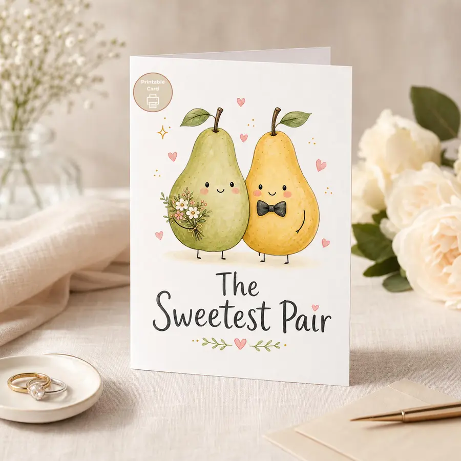 Styled product mockup: A sweet printable wedding or engagement card featuring two watercolor pears, tiny hearts, and the message "The Sweetest Pair.