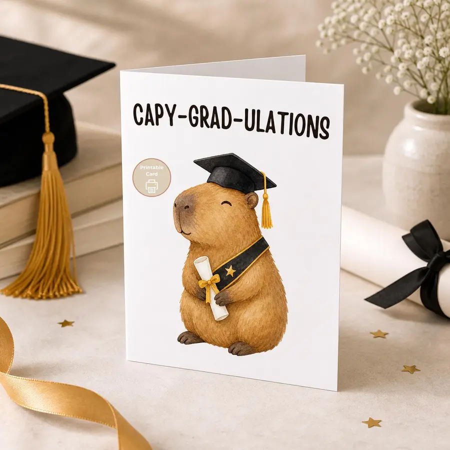 Styled product mockup: A cheerful printable graduation card with a sweet capybara graduate holding a diploma and the playful message "CAPY-GRAD-ULATIONS.