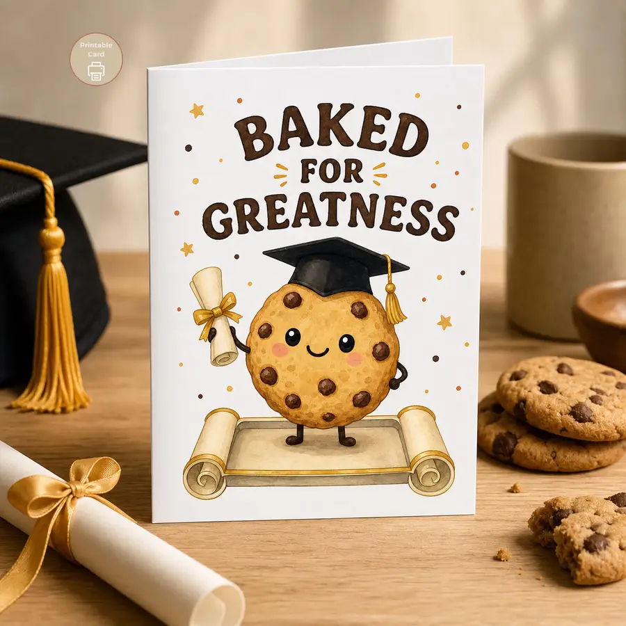 Styled product mockup: A sweet printable graduation card for cookie lovers, baking students, classmates, teachers, or anyone celebrating a freshly earned diploma.