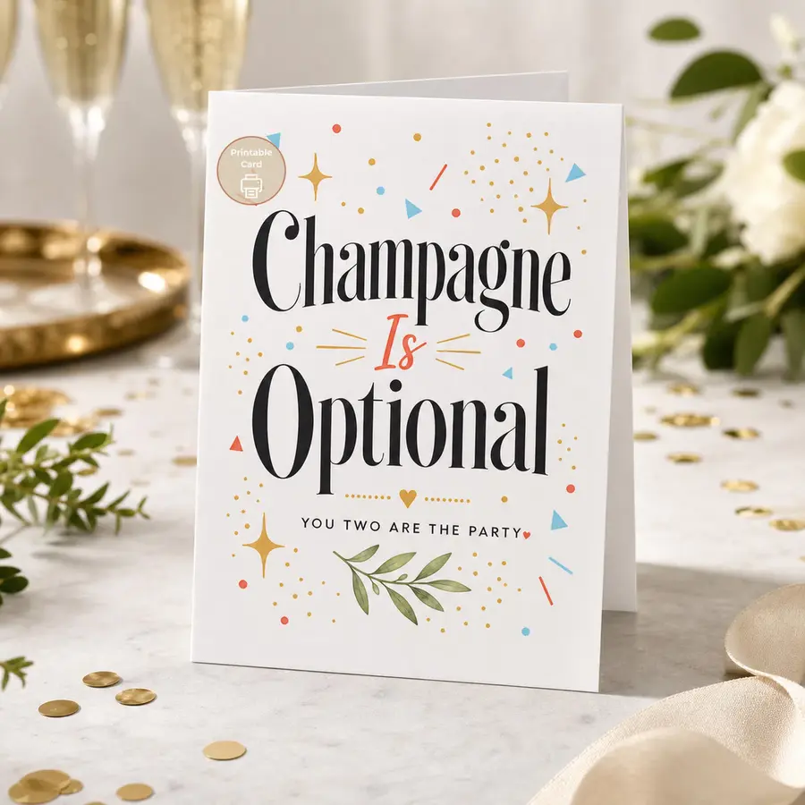 Styled product mockup: A playful printable congratulations card for a couple who brings the celebration with them.