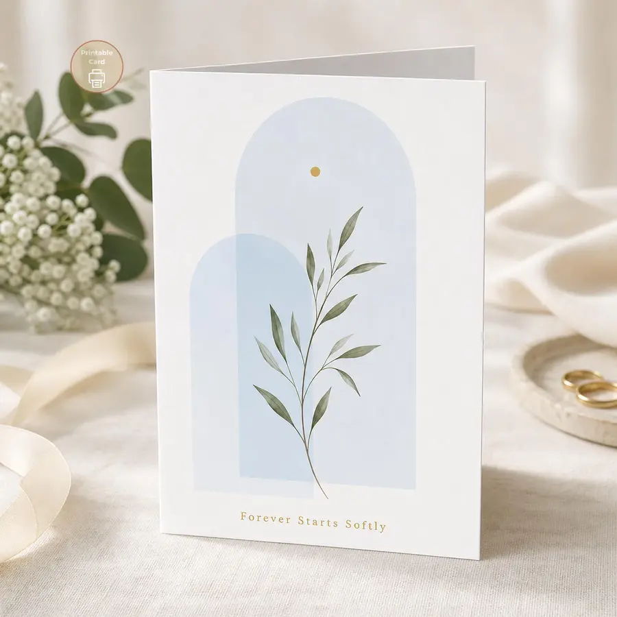 Styled product mockup: A soft botanical wedding card with pale blue arch shapes, a delicate olive branch, and the gold message Forever Starts Softly.