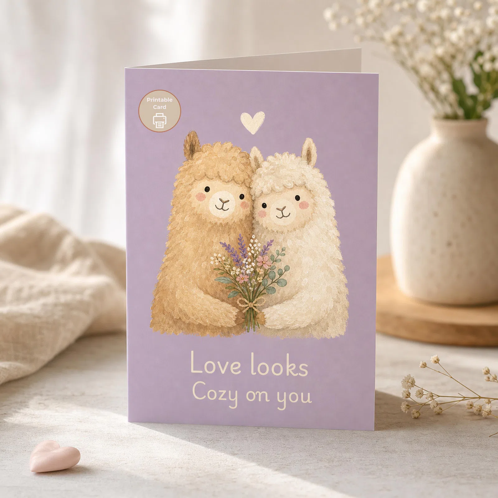 Styled product mockup: A sweet printable love card with two cozy watercolor alpacas holding a delicate bouquet on a soft lavender background.
