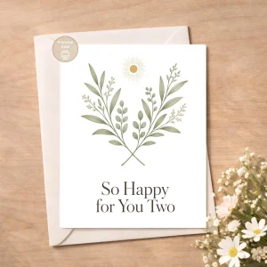 Styled product mockup: A printable congratulations card with pale green botanical branches, a warm gold sun motif, and the message So Happy for You Two on a deep black.