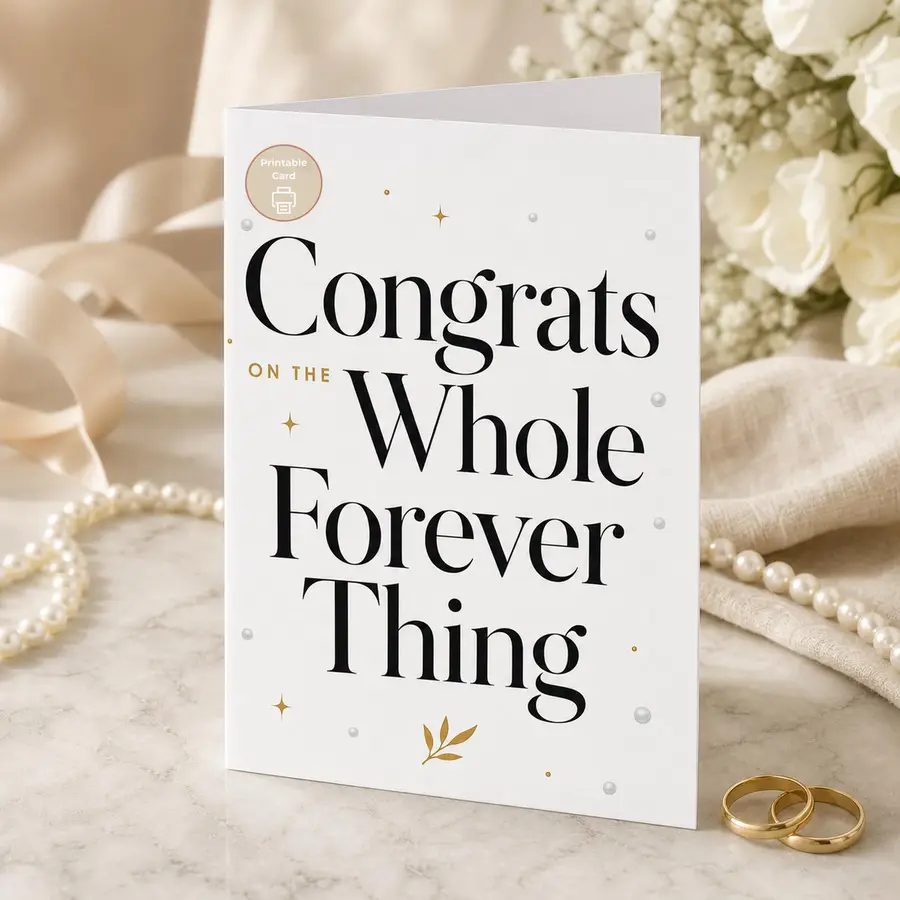Styled product mockup: A chic printable wedding congratulations card for couples starting their forever.