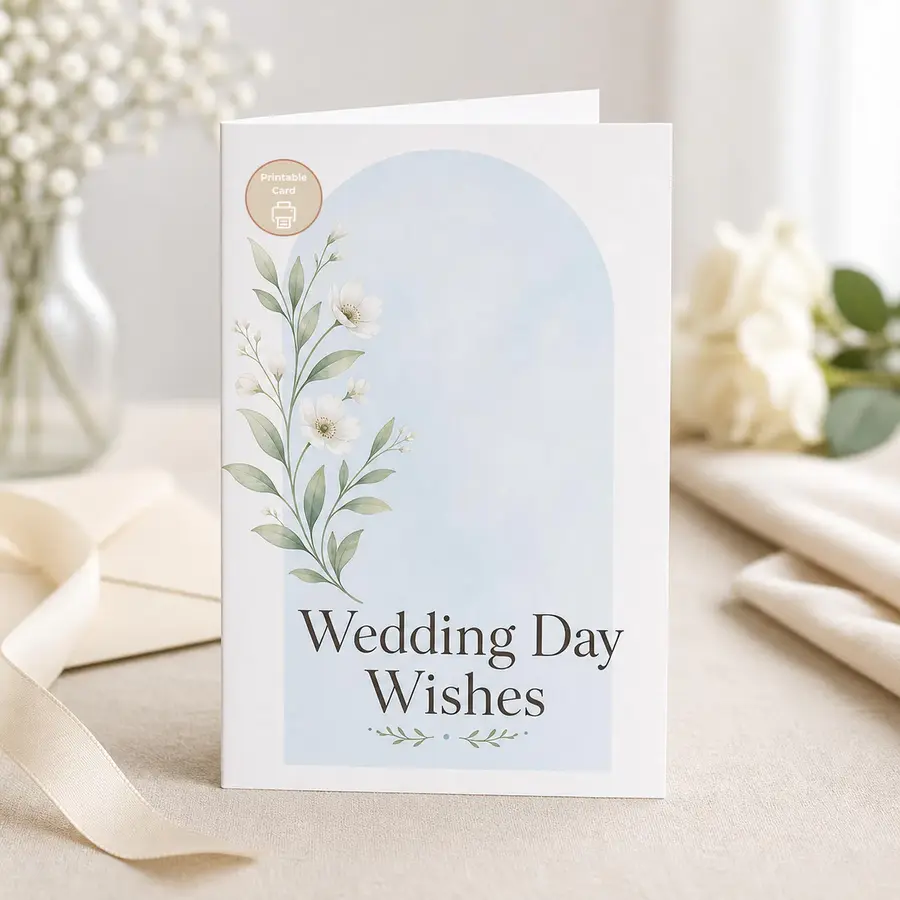 Styled product mockup: A gentle printable wedding card with a soft blue arch, white botanical flowers, and elegant serif lettering for the couple's special day.