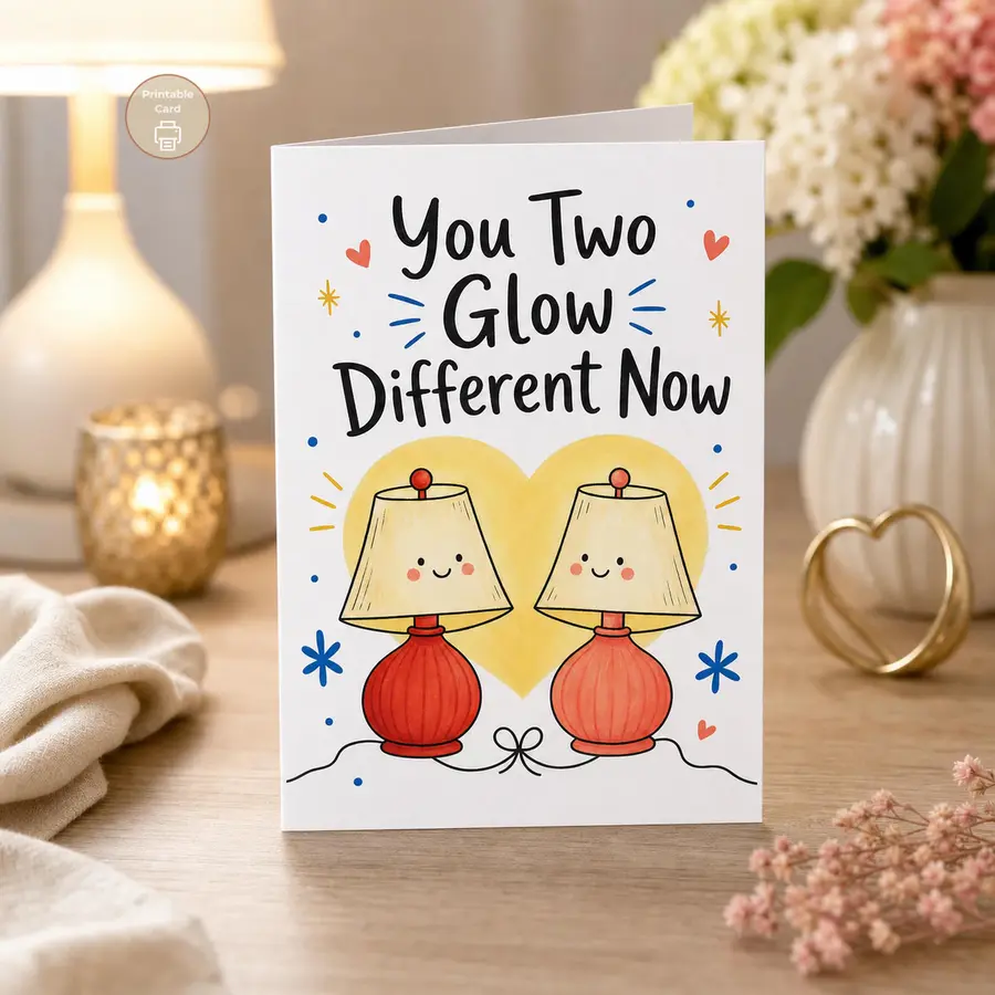 Styled product mockup: A playful printable couple card with two smiling red lamps glowing in front of a warm yellow heart.