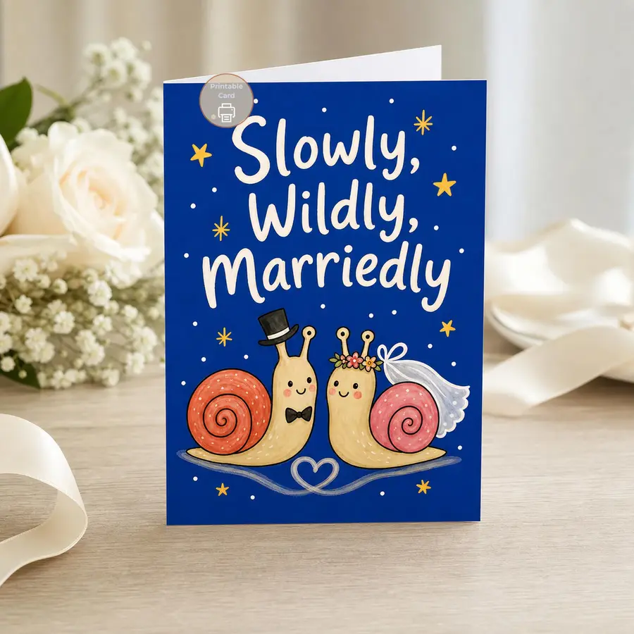 Styled product mockup: A playful printable wedding card with two sweet snails dressed as a tiny bride and groom under a deep blue starry sky.