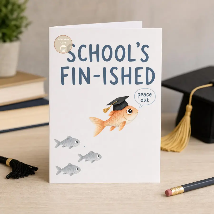 Styled product mockup: A funny printable graduation card with a playful fish pun for students, teachers, classmates, or proud families celebrating the end of school.
