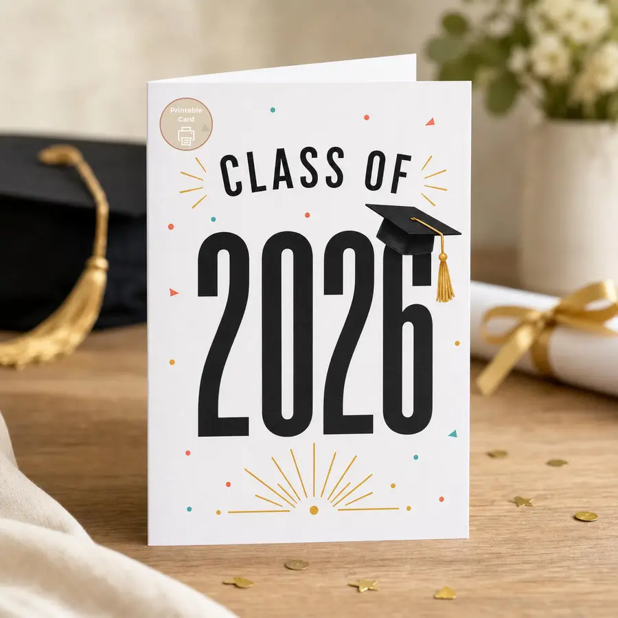 Styled product mockup: A bold printable graduation card for celebrating the Class of 2026 with oversized black typography, a mortarboard cap, a gold tassel, and festive confetti.