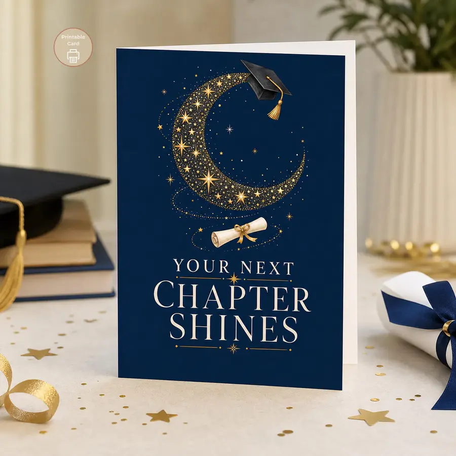 Styled product mockup: A polished printable graduation card for celebrating a bright new beginning after graduation.