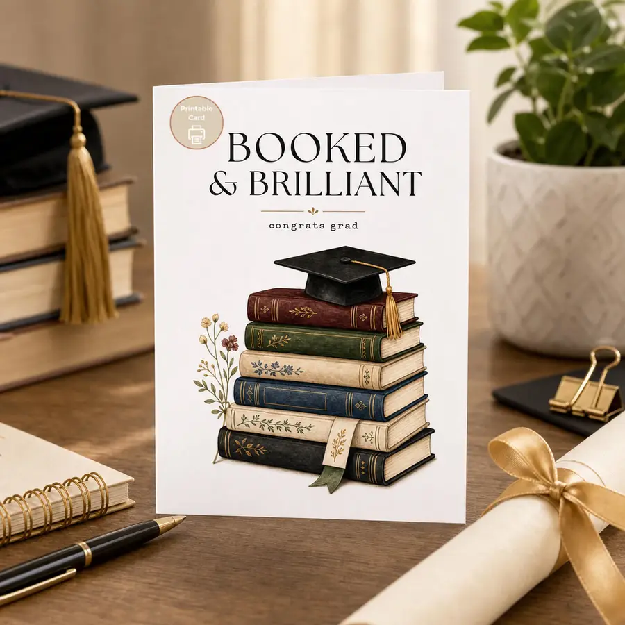 Styled product mockup: A polished printable graduation card for book lovers, college graduates, classmates, students, and anyone starting their next chapter.