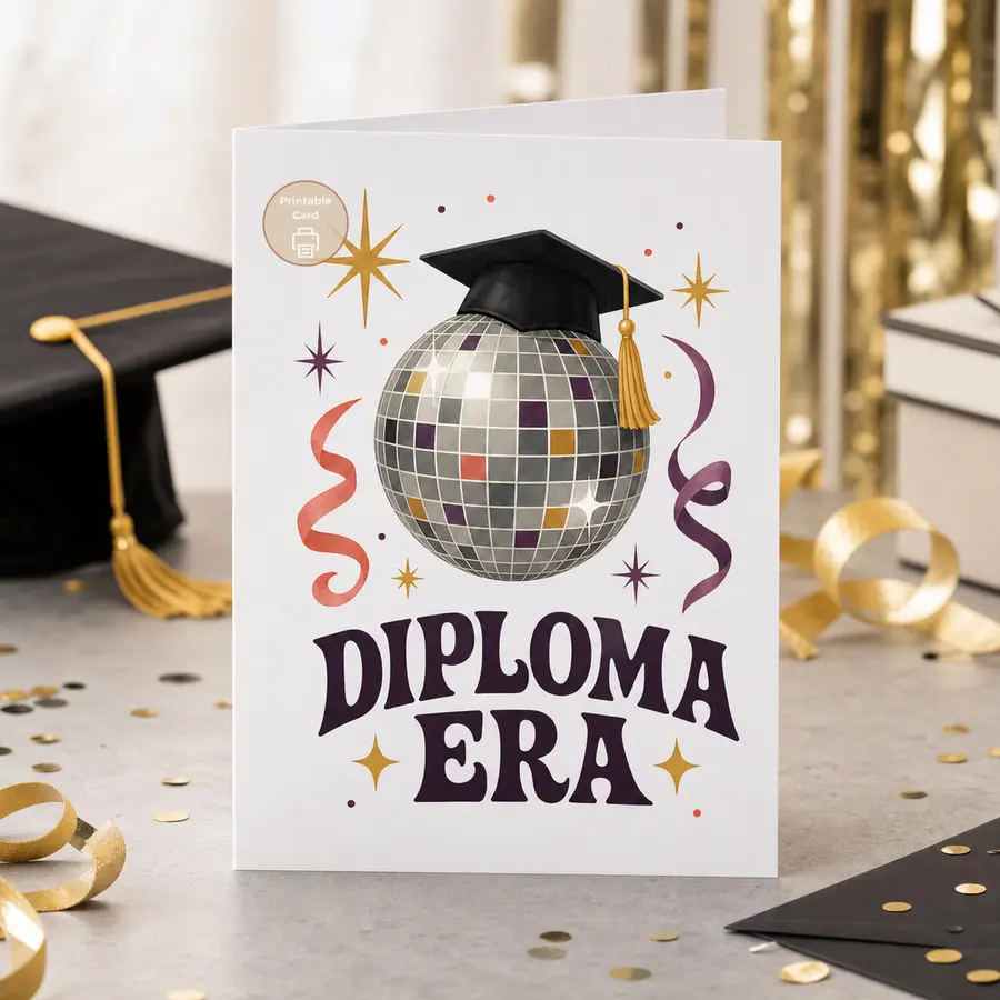 Styled product mockup: A playful printable graduation card for someone celebrating their diploma era with a little disco shine.