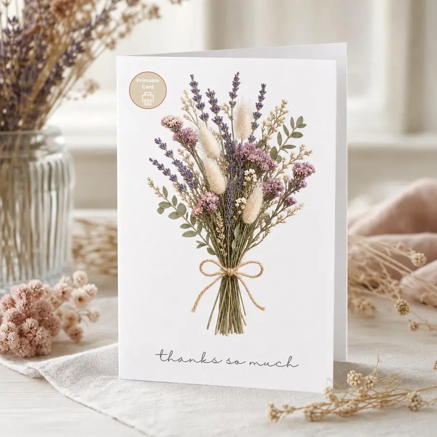 Styled product mockup: A gentle printable thank you card with a dried wildflower bouquet in lavender, blush pink, cream, and sage green.