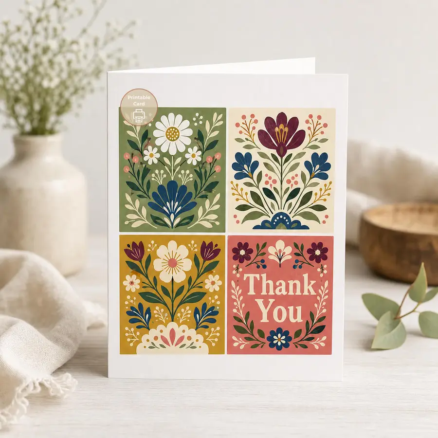 Styled product mockup: A warm folk floral thank you card with a four-panel botanical collage, including cream daisies, deep blue blossoms, berry sprigs, and a soft coral Thank.