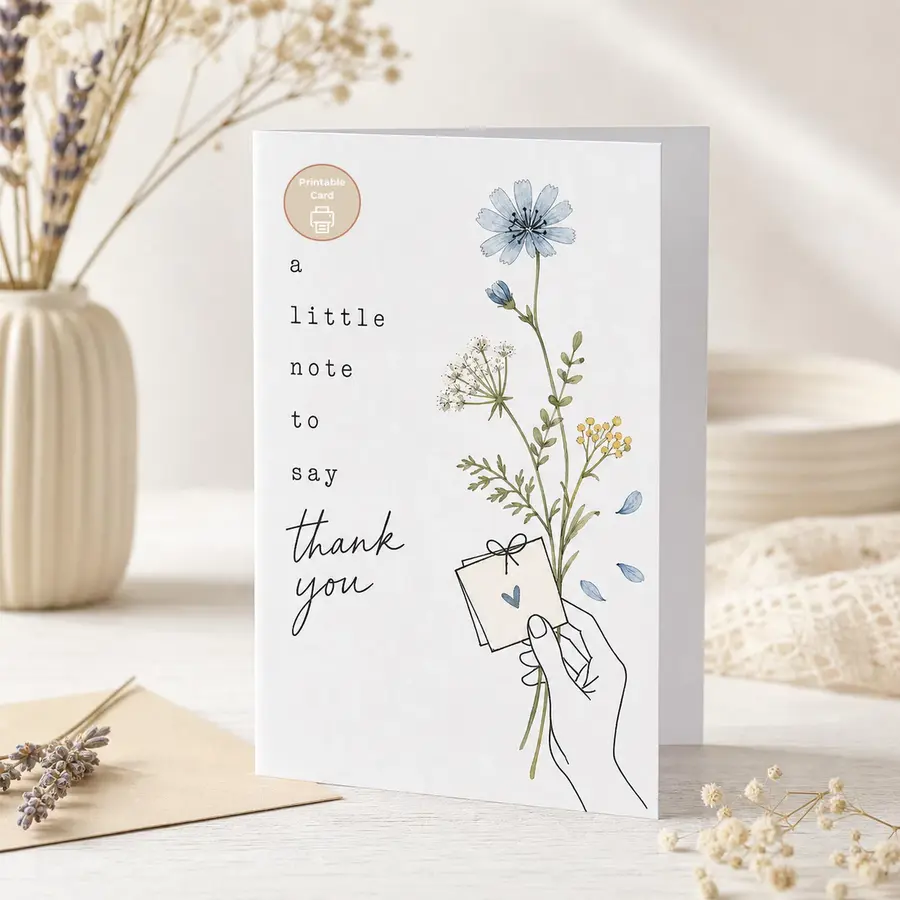 Styled product mockup: A gentle printable thank you card with airy blue wildflowers, a tiny hand-held note, and the message "a little note to say thank you.