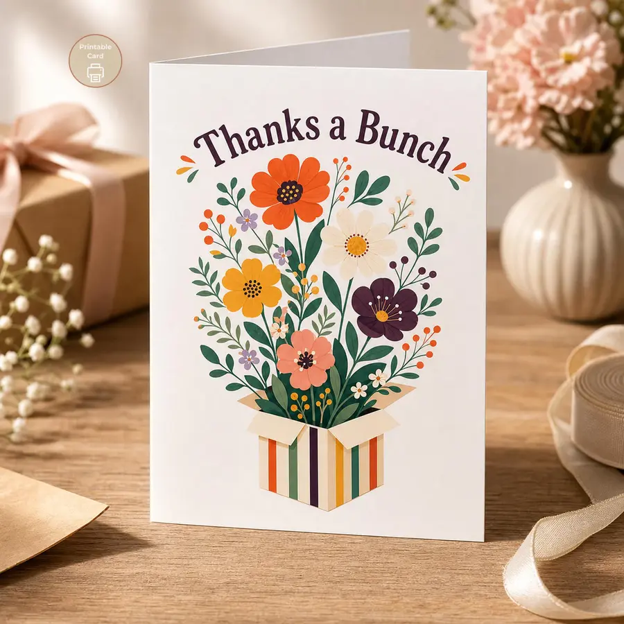 Styled product mockup: A cheerful printable thank you card with arched Thanks a Bunch lettering and a colorful paper-cut flower bouquet bursting from a striped gift box.