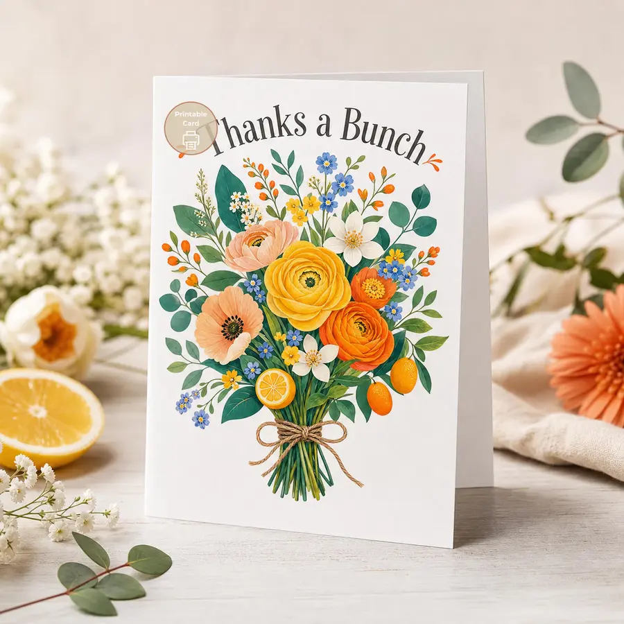Styled product mockup: A cheerful printable thank you card with a bright botanical bouquet, citrus accents, and arched Thanks a Bunch lettering.