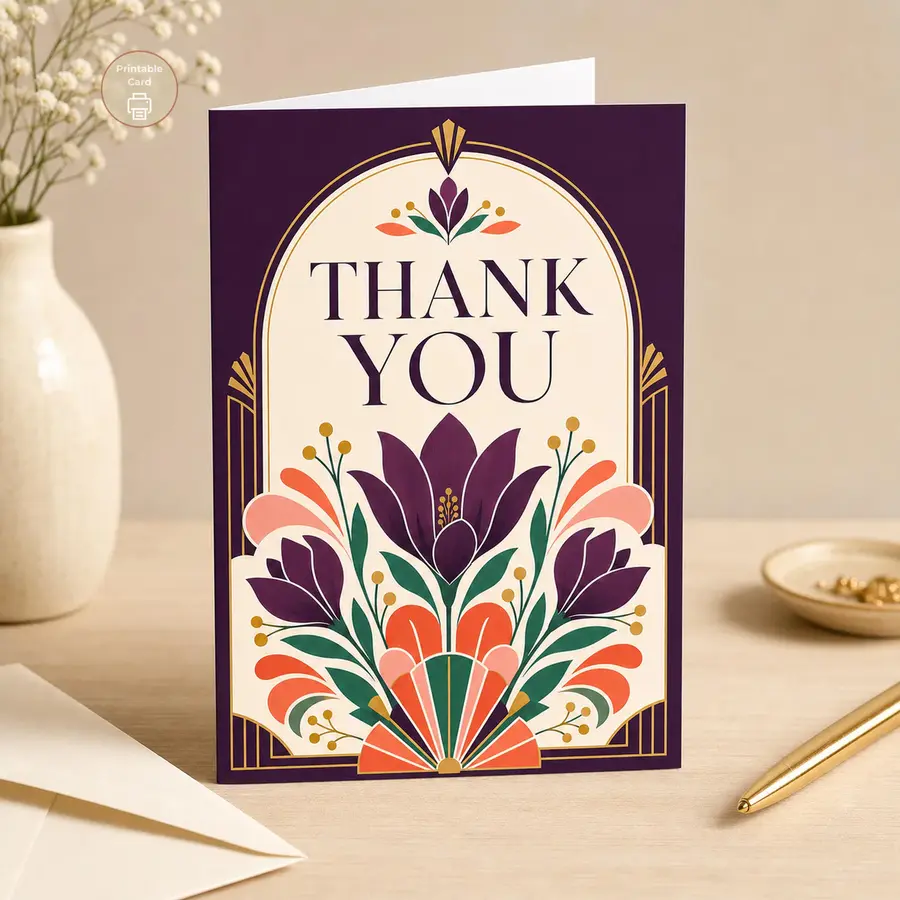 Styled product mockup: A printable thank you card with an elegant art deco arch, deep plum background, gold linework, and bold floral shapes in coral, rose, and green.
