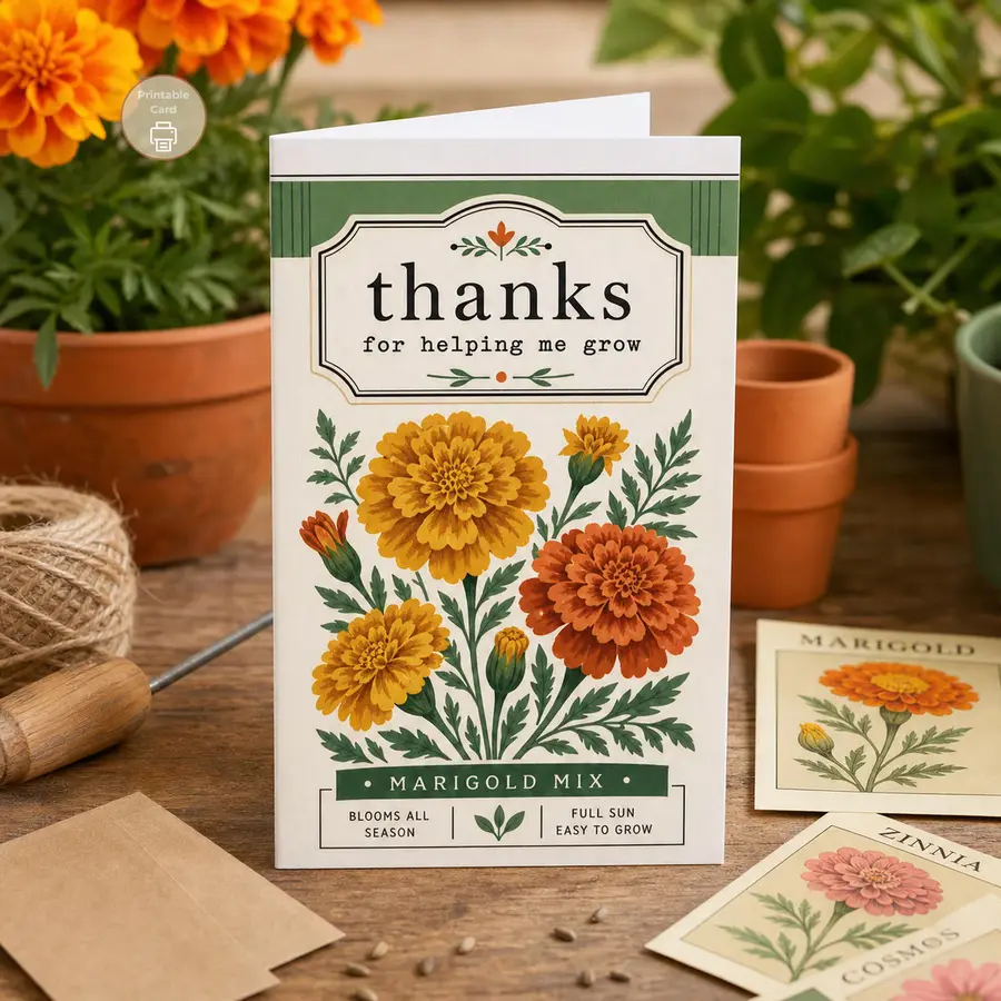 Styled product mockup: A printable teacher thank you card styled like a vintage marigold seed packet, with warm orange flowers, green botanical details, and the message "thanks.