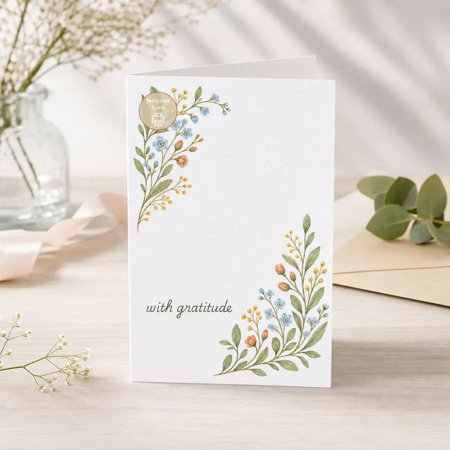 Styled product mockup: A soft printable thank you card with watercolor blue flowers, peach buds, yellow berries, sage green leaves, and the script message with gratitude.