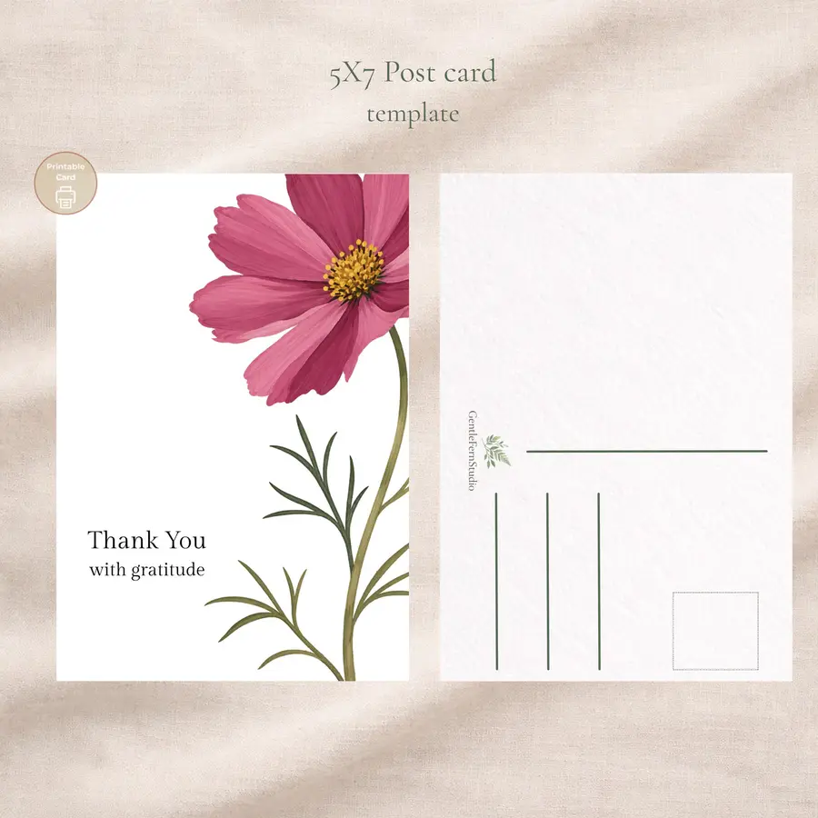 Styled product mockup: A soft printable floral card with a large pink cosmos bloom, delicate green stems, and clean white space for a fresh botanical look.