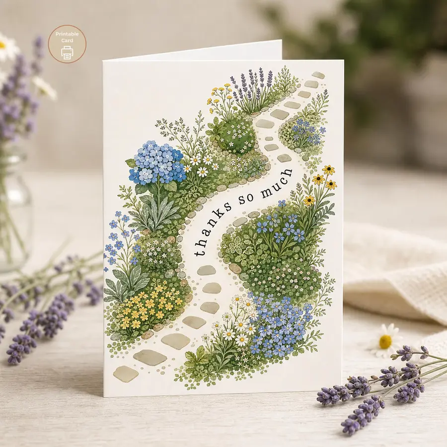 Styled product mockup: A printable thank you card with a soft watercolor garden path, blue hydrangea-style blooms, daisies, lavender sprigs, and the message "thanks so much".