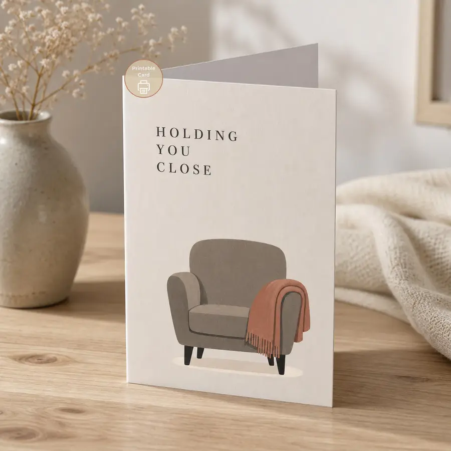 Styled product mockup: A gentle printable sympathy card with the words Holding You Close above a quiet armchair and warm rust throw blanket.
