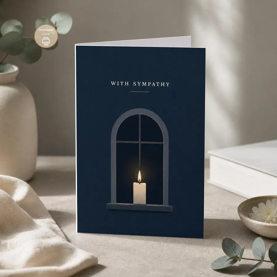 Styled product mockup: A quiet printable sympathy card with a deep navy background, ivory With Sympathy lettering, an arched window, and a single glowing candle.