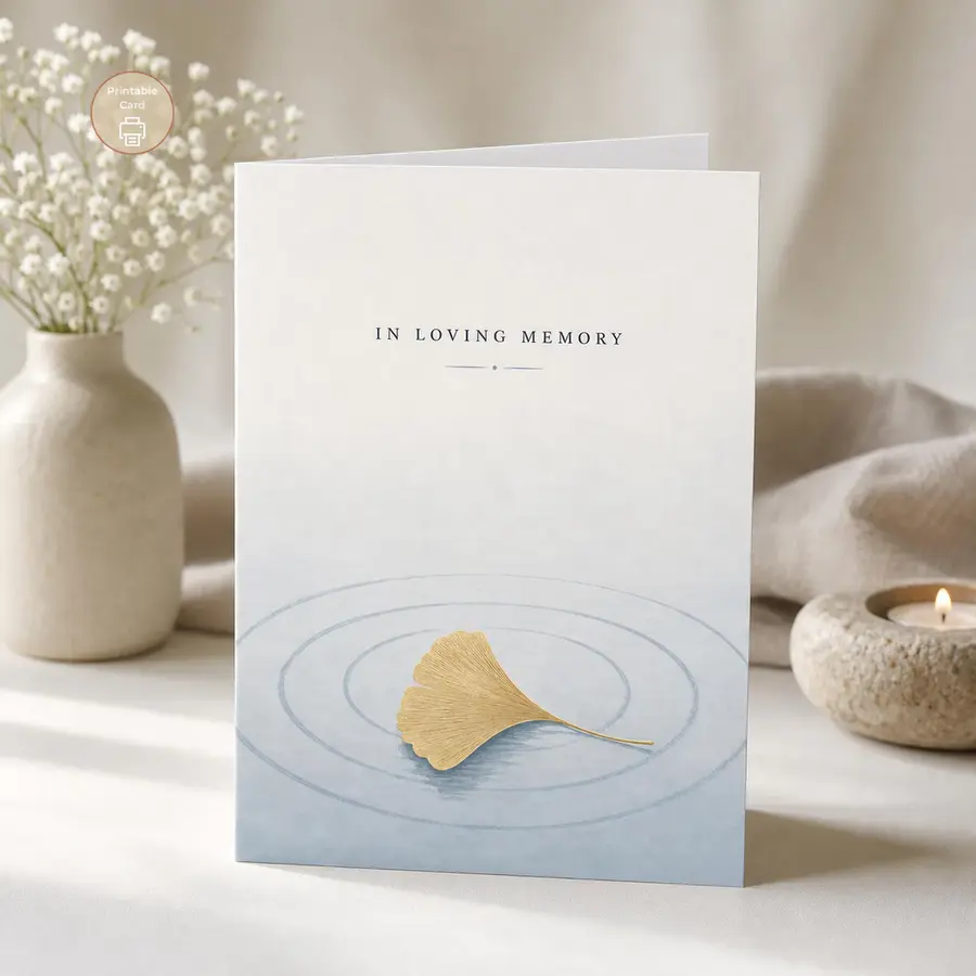 Styled product mockup: A quiet printable remembrance card with elegant In Loving Memory lettering, a golden ginkgo leaf, and soft blue water rings.